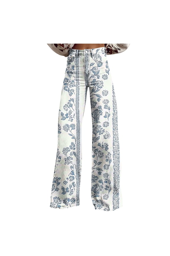 Zipper Button Faux Denim Print Long Pants, Elastic Drawstring Waist Multi Functional Side Storage Pockets Women Daily Bottoms White S