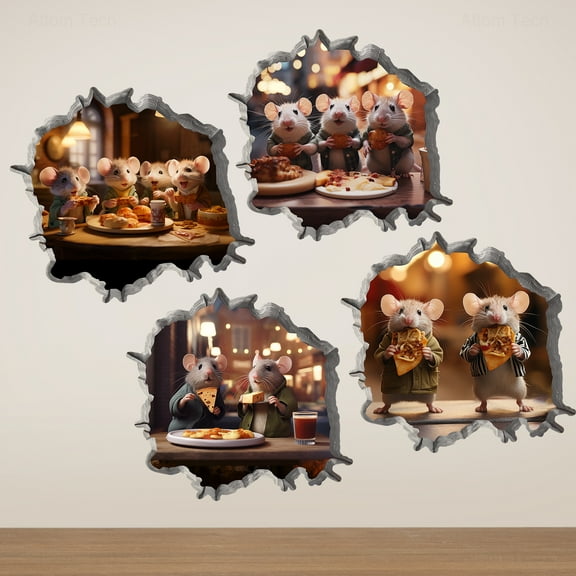 NiArt 3D Mouse Hole Wall Decals 4-Pack, Easy-to-Apply Art for Bedroom, Living Room & More - Whimsical Vinyl Stickers for Playful Home Decor, Creative Touch to Walls & Smooth Surfaces (Eating Mouse)