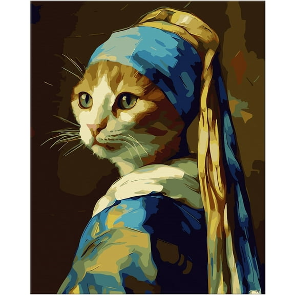 NiArt Paint by Numbers for Adults Beginners, 16"x20" DIY Paint by Numbers on Canvas for Kids, Unframed Oil Painting Kits for Gift Home Wall Decor, 5 Brushes and Acrylic Paint(Pearl-Earring Cat)