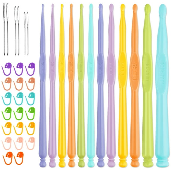 NiArt Plastic Crochet Hooks Set 12PCS 2-10mm 5.9" Color-Coded Ergonomic Handle Needle DIY Knitting Art Craft Yarn Handcraft Weaving Tool Shawl Sweater (20 Stitch Markers+6 Big Eye Needles)