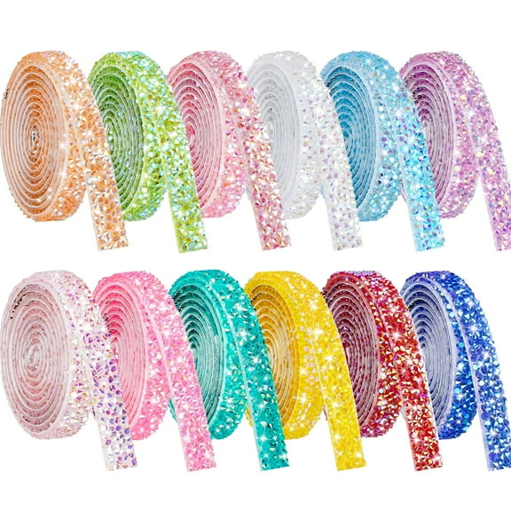 NiArt Self Adhesive Rhinestone Ribbon Rolls Set of 12 Candy Colors, Total 12 Yards 0.39" Wide Durable Reflective Decoration for DIY Crafts, Home Decor, Versatile Use for Phones, Laptops & More
