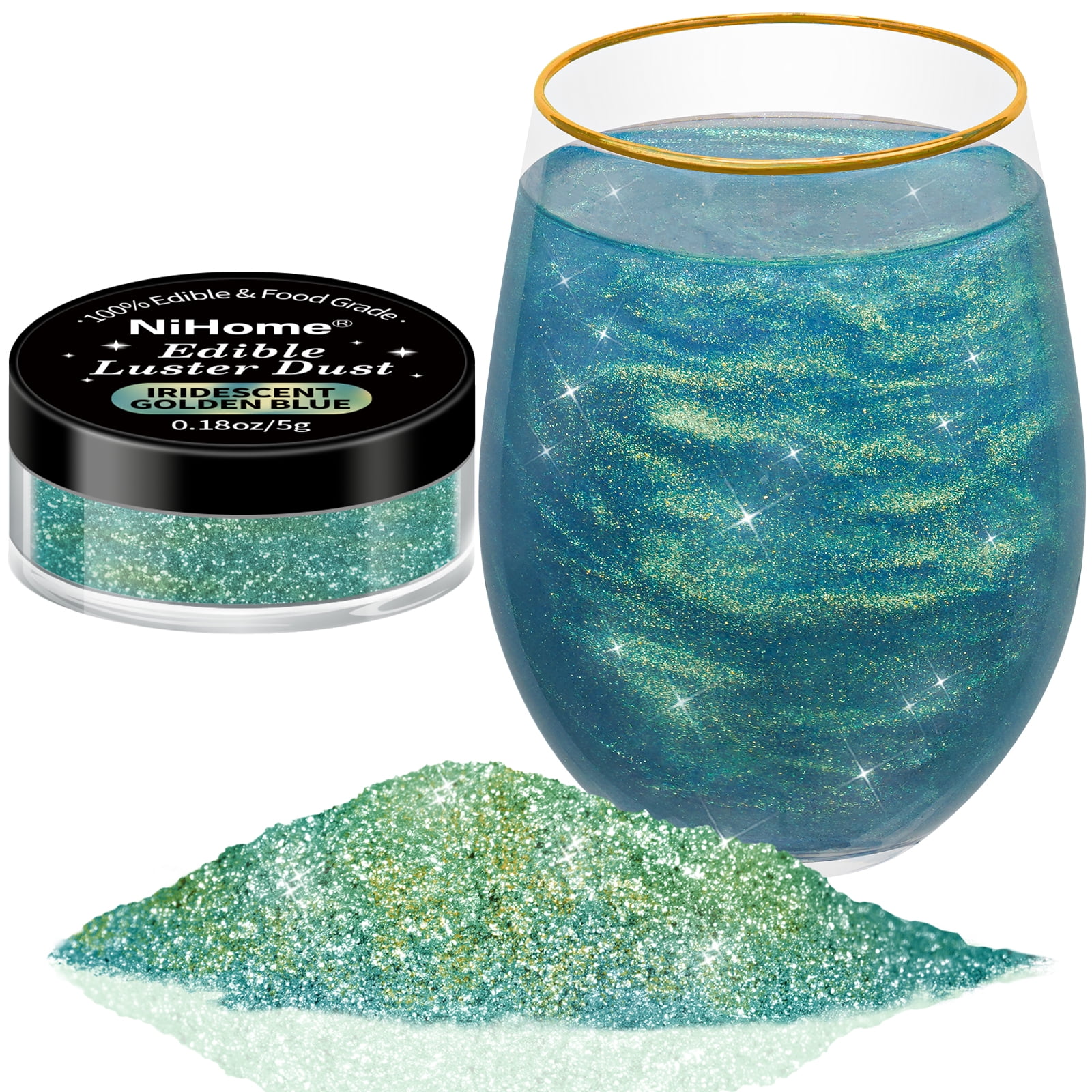 NiHome 0.18oz/5g Edible Food-Grade Glimmer Powder Glitter Luster Dust Metallic Food Decorating Sprinkle Dust for Drink Wine Beverage Cake Candy Dessert Bakery Restaurant Vegan (Iridescent Green)