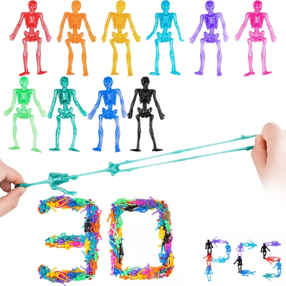 NiHome 30PCS Halloween Stretchy Toys Skeleton Toy Sets, Halloween Goodie Bag Stuffers Fillers 30-Pack Party Favors for Kids, Assorted Colors Trick or Treat Stretchy Skeleton Toys