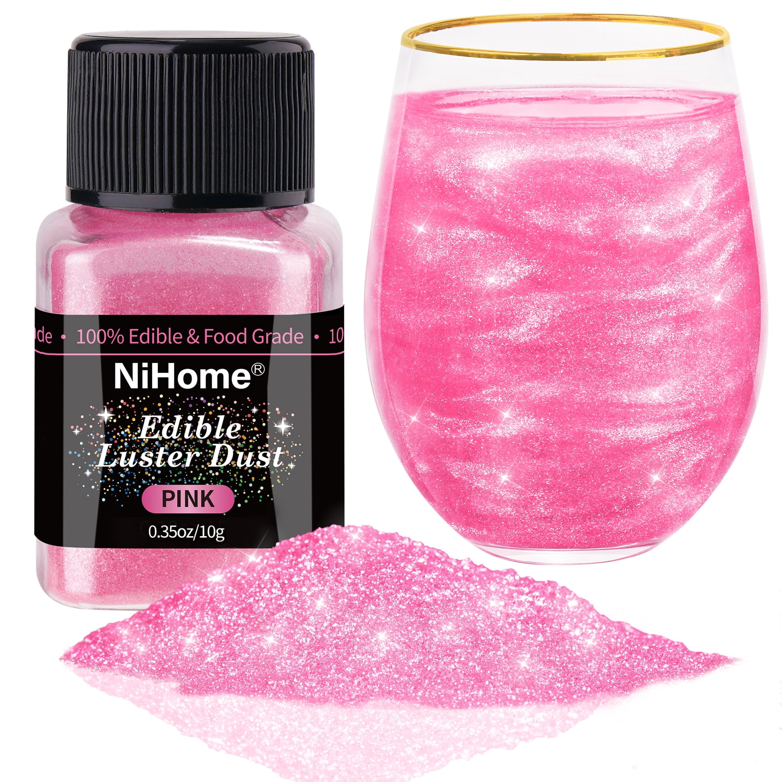 NiHome Edible Food-Grade Glitter Powder Glimmer Luster Dust Metallic Fancy Food Decorating Sprinkle Glimmery Dust for Drink Wine Beverage Cake Bakery Vegan Allergen-Free (Pink, 0.35oz/10g)