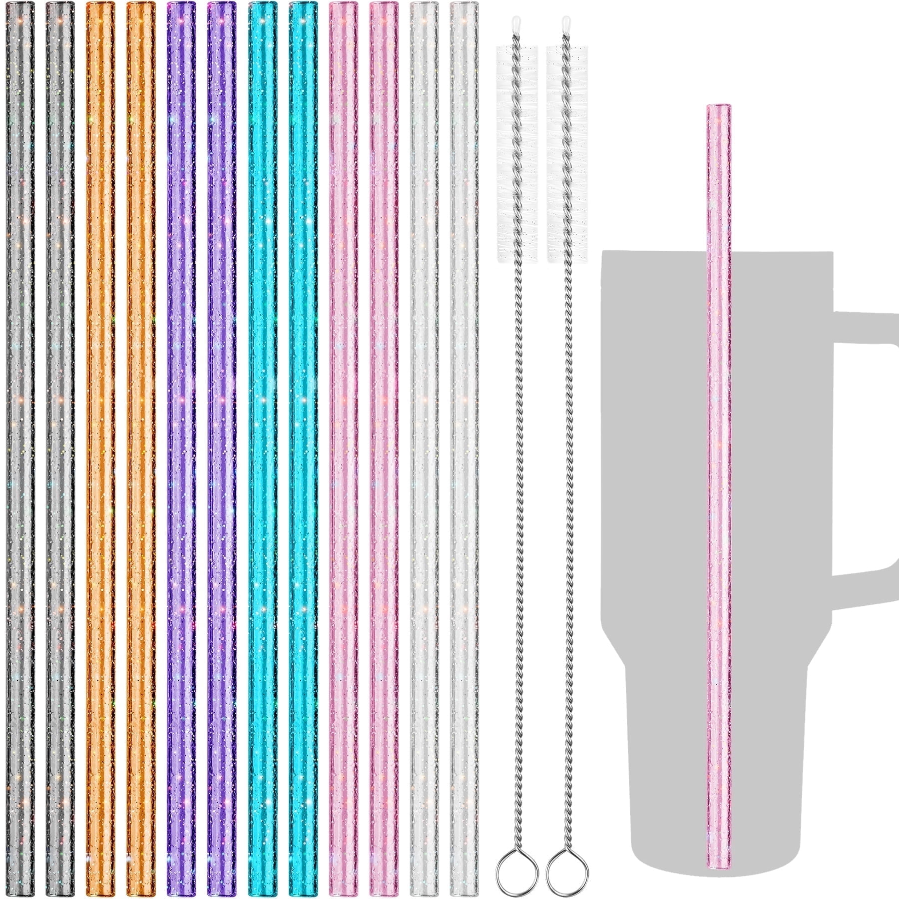 NiHome 12 Pack Glitter Plastic Reusable Straws Compatible with Stanley 40 oz Tumbler, Assorted Color Straws 12 Inch Long with 2 Cleaning Brushes - Durable PETG, BPA-Free, with Laser-Induced Sparkle