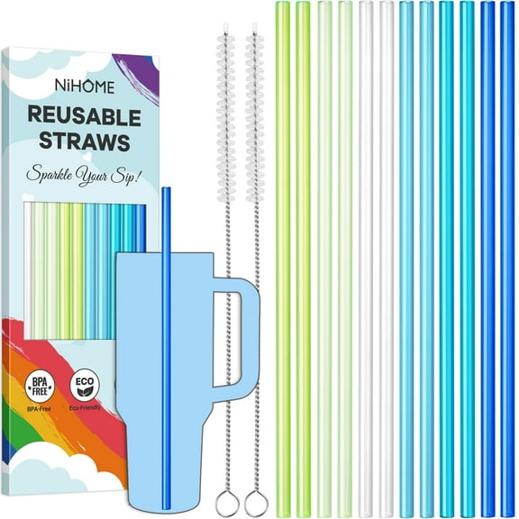 NiHome 12-Pack Plastic Reusable Drinking Straws 6 Color 12 In Reusable Straws Fit for Stanley Cups 40 oz 30oz 64 oz Tumbler, w/ 2 Brushes, BPA-Free for Cold & Hot Beverages (Gradient Blue)