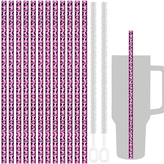 NiHome 12-Pack Stylish Leopard Print Plastic Replacement Straws fit for Stanley Tumbler, 12" Long Compatible with 40oz & 30oz Cups, Durable BPA-Free PETG Material, Includes 2 Cleaning Brushes (Pink)
