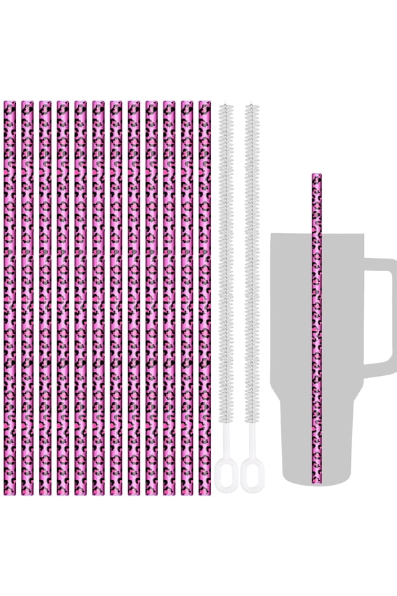 12-Pack Stylish Leopard Print Plastic Replacement Straws fit for Stanley Tumbler, 12" Long Compatible with 40oz & 30oz Cups, Durable BPA-Free PETG Material, Includes 2 Cleaning Brushes (Pink)