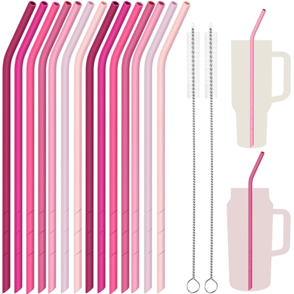 NiHome 14PCS Bent Silicone Straws Fit for Stanley 40oz 30oz Tumbler, 14” Extra Long Reusable Drinking Straw, Flexible Can Cut Length for 1/Half Gallon 75 64 OZ Large Water Bottle - 2 Brushes(Pink)