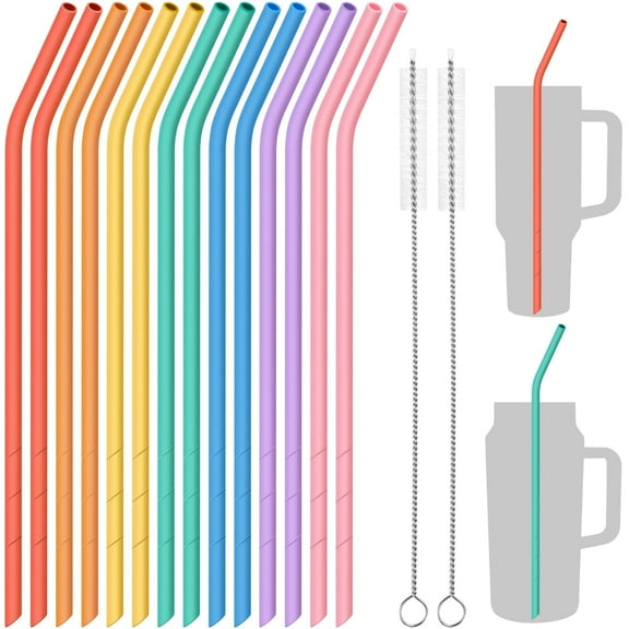 NiHome 14PCS Bent Silicone Straws Compatible with Stanley 40oz 30oz Tumbler, 14" Extra Long Reusable Drinking Straw, Can Cut Length for 1/Half Gallon 75 64 OZ Large Water Bottle, 2 Brushes (Morandi)