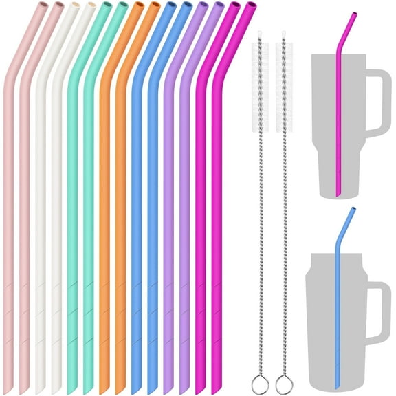 NiHome 14PCS Silicone Straws Compatible with Stanley 40oz 30oz Tumbler, 14” Extra Long Reusable Drinking Straw, Can Cut Length for 1/Half Gallon 75 64 OZ Water Bottle - 2 Cleaning Brushes(Rainbow)