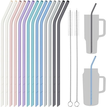 NiHome 14PCS Silicone Straws Fits for Stanley 40oz 30oz Tumbler, 14" Extra Long Reusable Drinking Straw,Straws Can Cut Length for 1/Half Gallon 64OZ Large Water Bottle-2 Cleaning Brushes(Macaron)