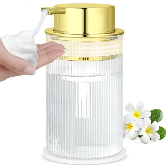 NiHome 14oz Multifunctional Glass Foaming Hand Soap Dispenser with Elegant Stripe Pattern, High-Capacity Easy to Refill for Home & Commercial Use, Advanced Foam Pump & Non-Slip Base (Gold)