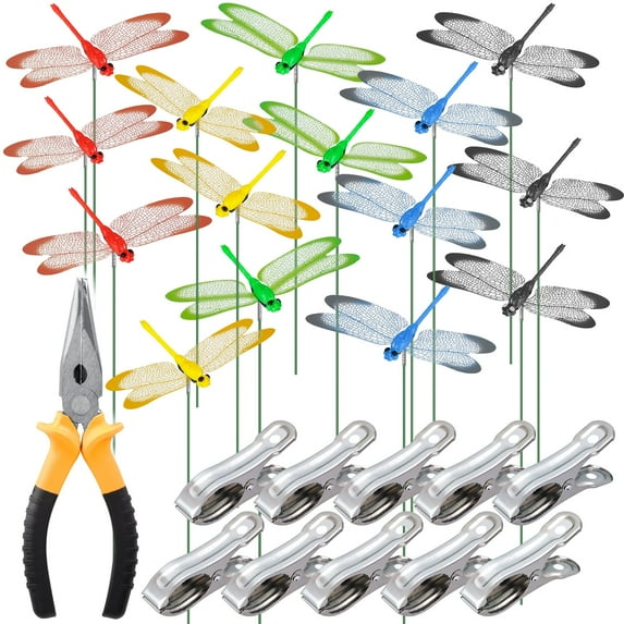 NiHome 15PCS Decorative Dragonfly Clips Decor for Garden, 9.8" Long Multicolor Waterproof Outdoor & Indoor Use, Versatile Clip-On Plant Decoration & Fly Deterrent, Includes Pliers for Easy Attachment