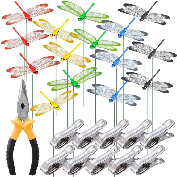 NiHome 15PCS Decorative Dragonfly Clips Decor for Garden, 9.8" Long Multicolor Waterproof Outdoor & Indoor Use, Versatile Clip-On Plant Decoration & Fly Deterrent, Includes Pliers for Easy Attachment