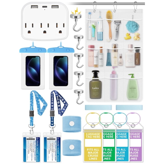 NiHome 19-Piece Cruise Trip Essentials Kit – Power Strip, Waterproof Phone Bags, Luggage Tag Holders, Magnetic Hooks, Cruise Card Lanyards, Towel Bands, Anti-Seasickness Bands & Shower Organizer Bag