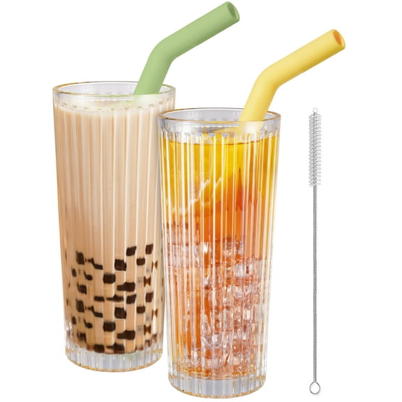 NiHome 2-Pack 18oz Thick Wall Ribbed Highball Glasses with Silicone Straws, Vintage Fluted Glasses for Cocktails, Collins, Boba Milk Tea, Smoothies, Barware Essentials Anti-Slip Tall Drinking Glasses