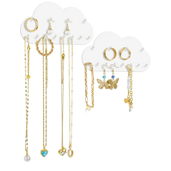 NiHome 2-Pack Cloud Shape Wall-Mounted Hanging Jewelry Organizers for Necklaces, Bracelets, Earrings, Hair Ties, No-Drill Space-Saving Racks for Bathroom, Bedroom, Vanity, Closet, Door, Mirror (White