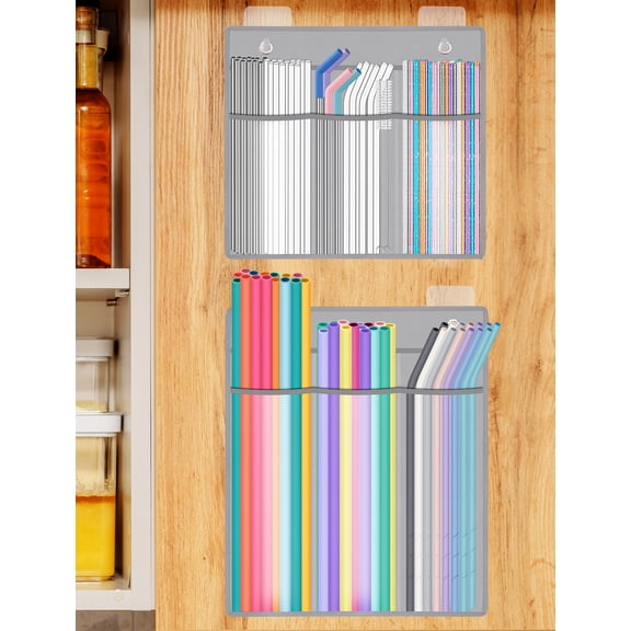 NiHome 2-Pack Large Hanging Straw Holder for Cabinet Door, Durable Space-Saving Straw Organizer Fits Multiple Straw Sizes, Kitchen Accessories Container