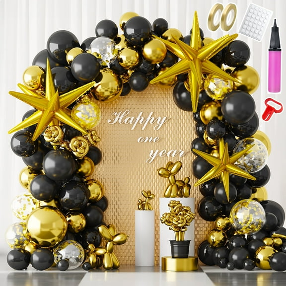 NiHome 230PCS Black and Gold Balloon Set, Includes Metallic, Confetti and Starburst Balloons (5 10 12 18 22), Long Balloons, Tying Tool, Pump, Ribbon and 100 Glue Dots for Party Decorations