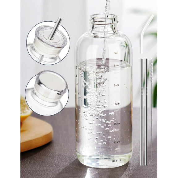 NiHome 25oz/750ml Clear Glass Water Bottle with 2 Caps & Stainless-Steel Straw, Temperature Resistant Durable High Borosilicate Glass Drinkware with Leak-Proof Seal for Travel, Gym, School & Home Use