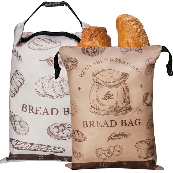 NiHome 2PCS Reusable Bread Storage Bags for Homemade Bread, 17"x12" Large Capacity Double-Layer Protection with Waterproof & Oil-Resistant Lining, Food-Grade for Sourdough, Buns, Croissants, Pretzels