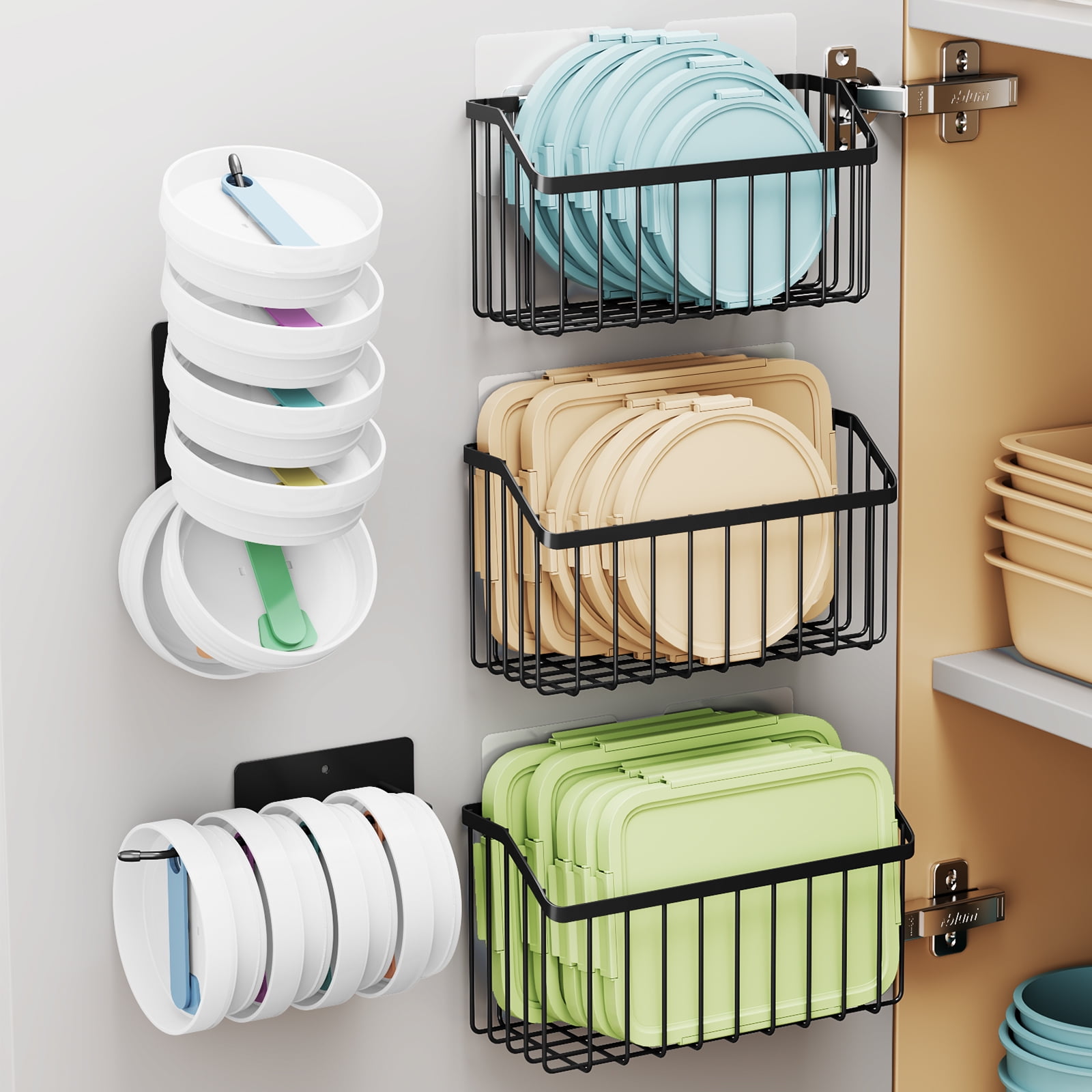 NiHome 3PCS Cabinet Door Lid Organizers & 2PCS Lid Holders, Adhesive or Screw Mount, 3 Sizes Rustproof Metal Baskets for Tupperware Lids, Tumblers, Spices, Toiletries, Under Sink or RV Storage(Black)