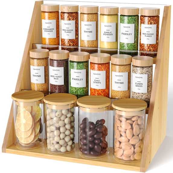 NiHome 3-Tier Multi-Purpose Spice Rack for Spice Jars, Cosmetics & More, Widened Design Bamboo and Acrylic Organizer for Large Jars, Transparent Front Panels and Increased Height for Clear Visibility