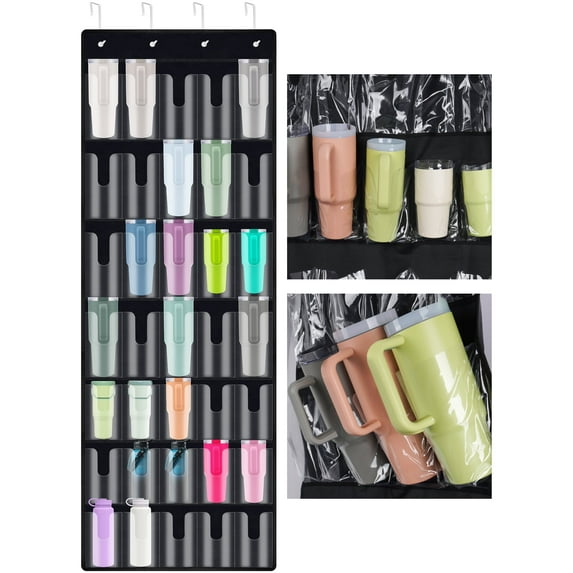 NiHome 35-Pocket Large Capacity Door Cup Organizer for Stanley Tumblers 30oz, 40oz, Door Hanging Water Bottle Storage with Double-Sided Tape Stabilizer, Waterproof Oxford Fabric, Transparent,BPA-Free