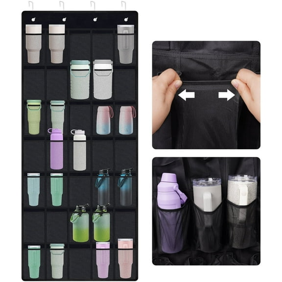 NiHome 35 Pockets Door Hanging Tumbler Organizer for Stanley in Kitchen, Pantry, Bedroom, Bathroom, Multi-Functional Large Capacity Elastic Mesh Secure Storage Cup Holder, Foldable for Home and RV