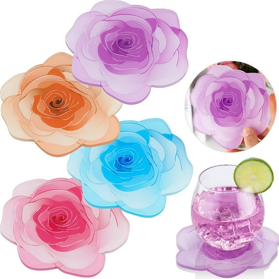 NiHome 4-Pack Acrylic Coasters,Rose Shape Desk Coasters,Decorative Desk Accessories for Bar,Kitchen,Dining Table,Perfect for Tabletop Protection