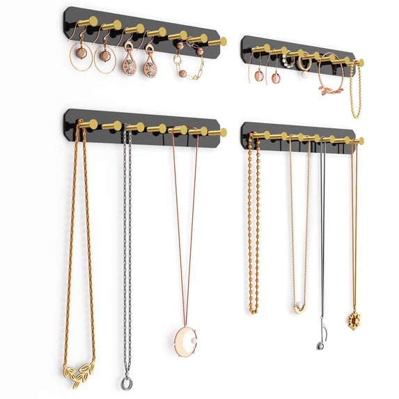 NiHome 4-Pack Wall Mount Acrylic Jewelry Storage for Necklaces, Bracelets, Earrings, Accessories, Easy Installation for Vanity, Bathroom, Kitchen (Black)