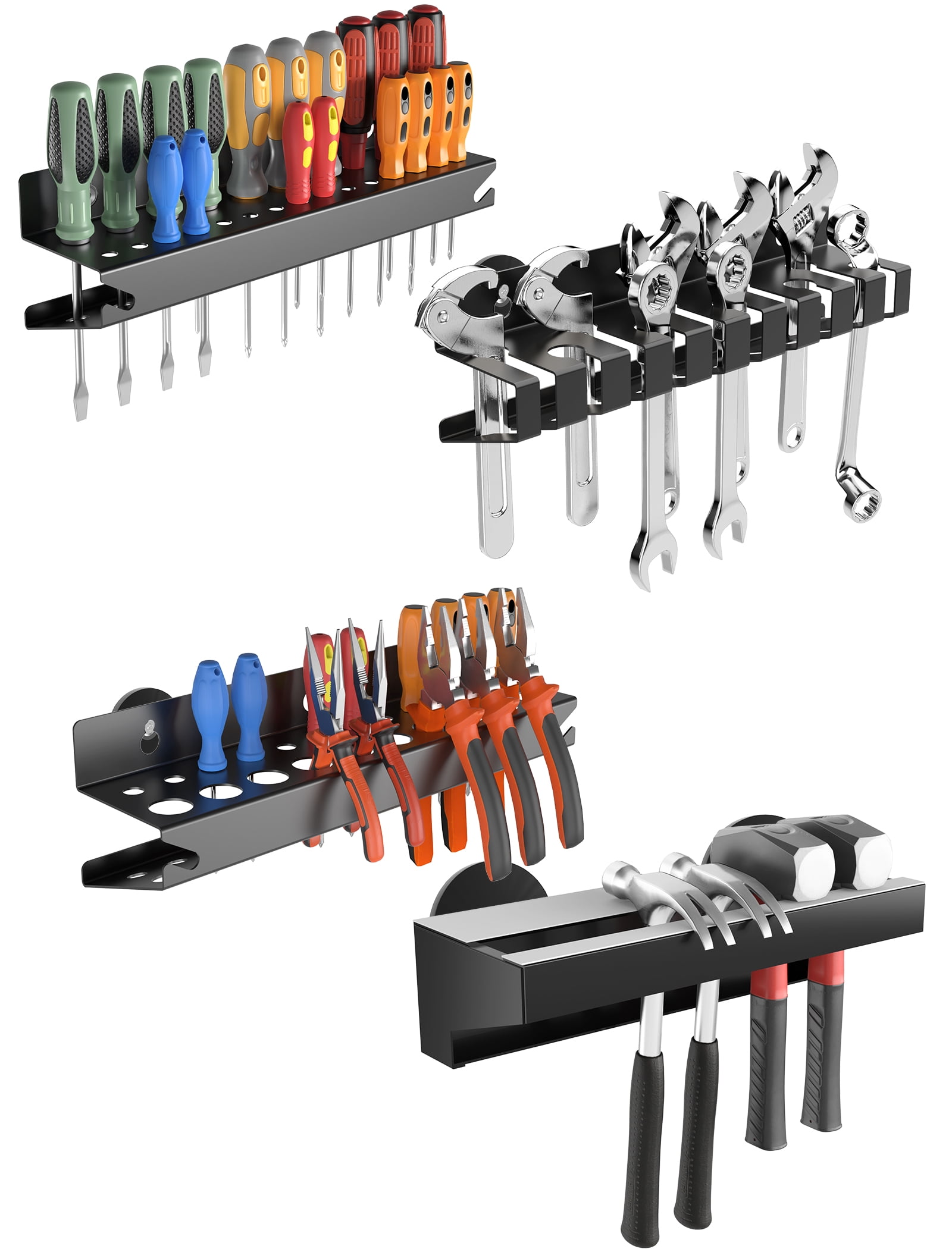 NiHome Wall Mount Hand Tool Storage Set with Magnet, Screwdriver Organizer, Pliers Holder, Hammer Rack & Wrench Holder, 4PCS Metal Organizer for Garage, Workshop, Shed, Anti-Corrosion, No Rust