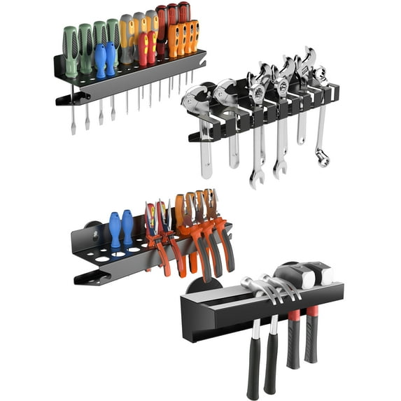 NiHome Wall Mount Hand Tool Storage Set with Magnet, Screwdriver Organizer, Pliers Holder, Hammer Rack & Wrench Holder, 4PCS Metal Organizer for Garage, Workshop, Shed, Anti-Corrosion, No Rust