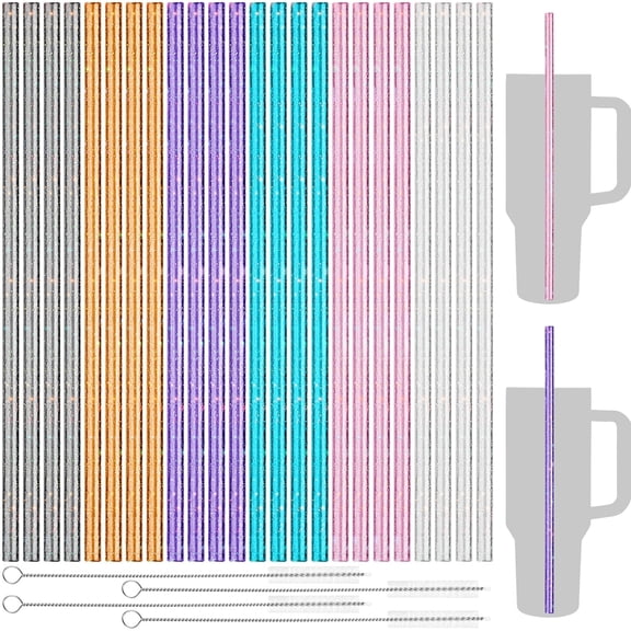 NiHome 40oz Straws, 24 Pack Glitter Plastic Straws Fit for Stanley 40 oz Tumbler, Assorted Color Reusable Straws 12 Inch with 4 Brushes - Durable PETG, BPA-Free, with Laser-Induced Sparkle