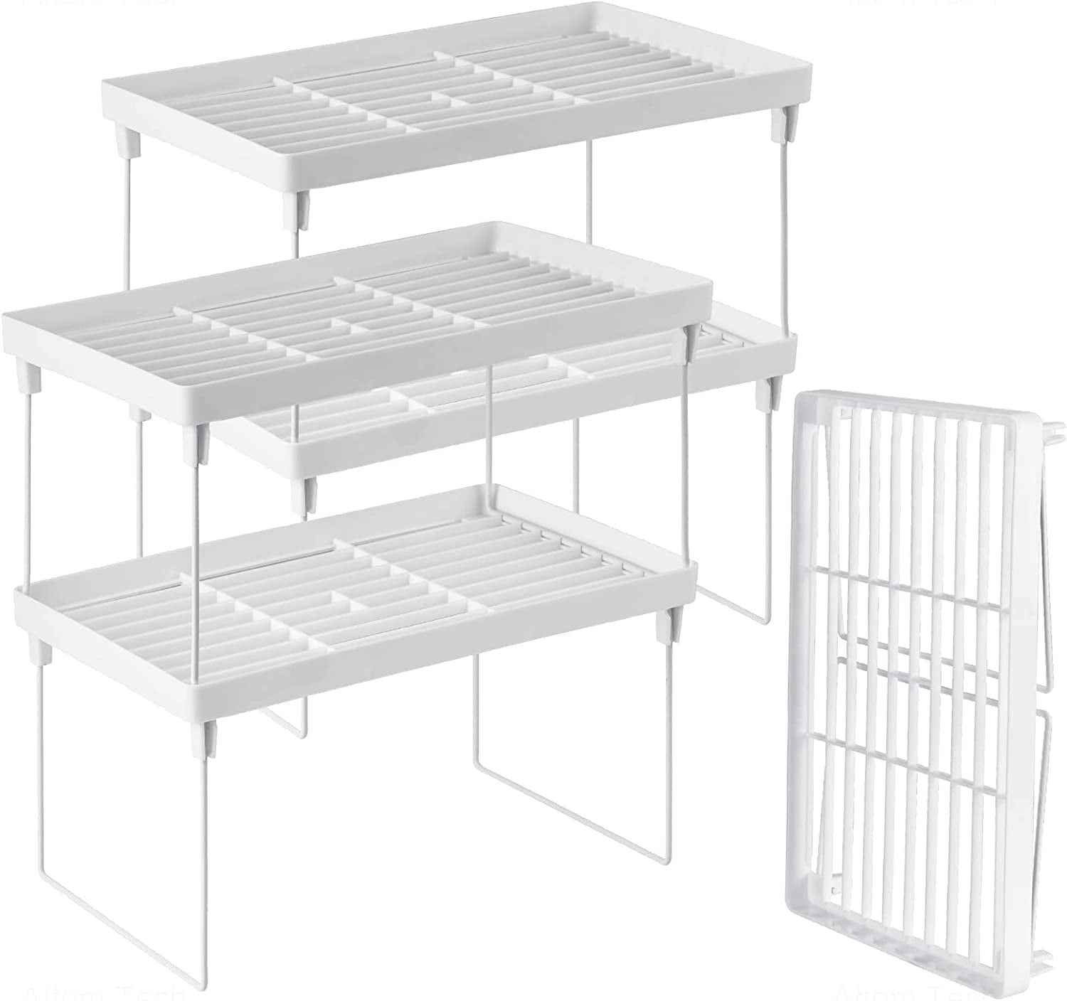 NiHome 4Pack Stackable Plastic Kitchen Storage Shelf Foldable Rack, White Kitchen Cabinet Organizer and Storage Shelves Stackable Expandable Storage Racks for Counter Cabinet Pantry