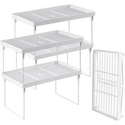 NiHome 4Pack Stackable Plastic Kitchen Storage Shelf Foldable Rack, White Kitchen Cabinet Organizer and Storage Shelves Stackable Expandable Storage Racks for Counter Cabinet Pantry