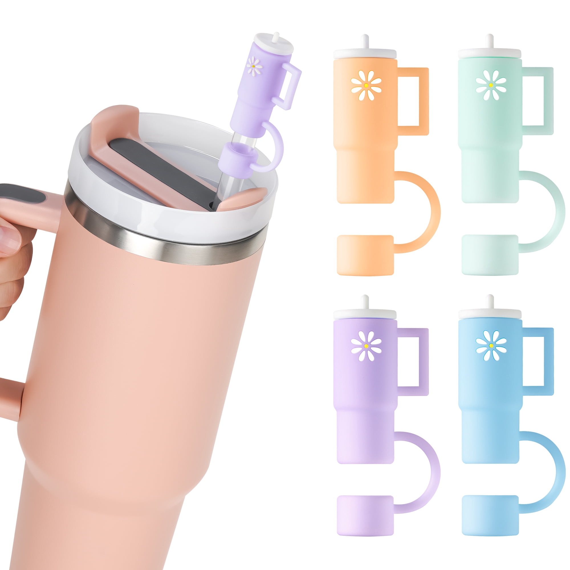 Silicone Straw Covers For Stanley Cups (Fits 40oz, 30oz) - 4 Rose Toppers, Dust-Proof & Spill-Proof Accessories