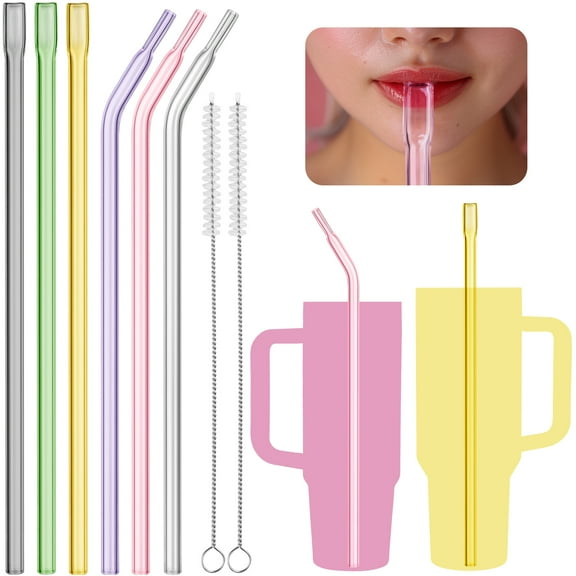 NiHome 6PCS 12" Anti-Wrinkle Flat Tip Glass Straws Compatible with Stanley 30 & 40 oz Tumblers, Lip-Friendly Straight & Curved Borosilicate Glass Reusable Straws , Dishwasher Safe (6 Colors)