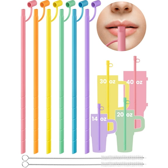 NiHome 6PCS Reusable Anti-Wrinkle Straw Set Fit for Stanley Tumblers, Adjustable Length Silicone Drinking Straws with Silicone Tips Fit for 14oz 20oz 30oz 40oz, Protective Caps & Brushes (6 Colors)
