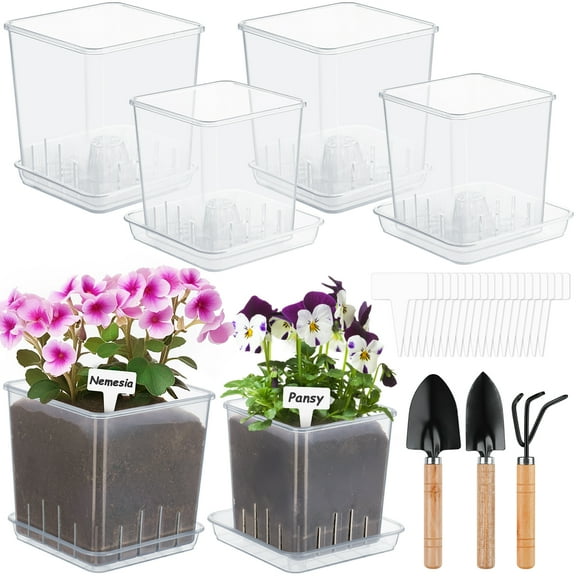 NiHome 6-Pack Clear Acrylic Nursery Pots with Trays & 3 Shovels, 4.1" & 5" Transparent Plant Pots for Cacti, Succulents, Flowers, Enhanced Drainage & Ventilation, Transparent for Easy Root Monitoring