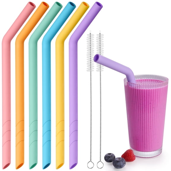 NiHome 6-Pack Extra Wide Reusable Bent Silicone Straws for Boba, Smoothies, Bubble Tea, Bent Straws Eco-Friendly & Colorful for Thick Drinks, Child-Safe, Customizable Length, 2 Brushes Easy Cleaning