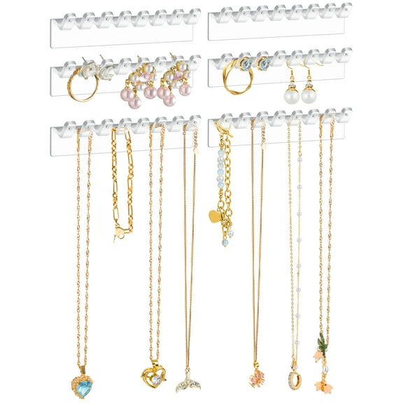 NiHome 6-Pack Wall-Mounted Clear Plastic Jewelry Organizers for Earrings, Necklaces, Bracelets, Rings, Studs, No-Drill Adhesive Installation Racks for Closet, Bathroom, Bedroom, Mirror, Cabinet Doors