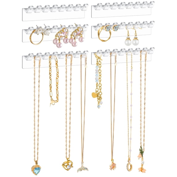 NiHome 6-Pack Wall-Mounted Clear Plastic Jewelry Organizers for Earrings, Necklaces, Bracelets, Rings, Studs, No-Drill Adhesive Installation Racks for Closet, Bathroom, Bedroom, Mirror, Cabinet Doors