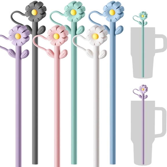 NiHome 6-Pack Silicone Straw with Flower Cover Cap, 12 Inch Reusable Silicone Drinking Straws Compatible with Stanley 40oz and 30oz Tumblers, Customizable Length and Dishwasher Safe(Morandi Colors)