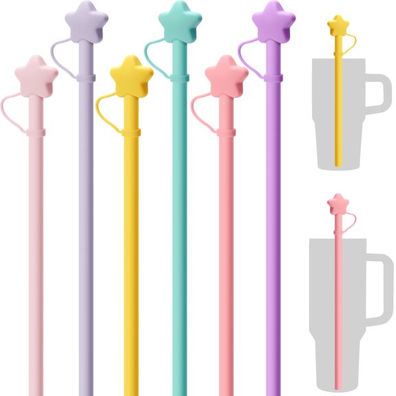 NiHome 6-Pack Silicone Reusable Straw with Star Cover Cap Set, 12-Inch Drinking Straws Compatible with Stanley 40oz 30oz Tumblers, Dishwasher Safe Customizable Length Silicone Straws, with 2 Brushes