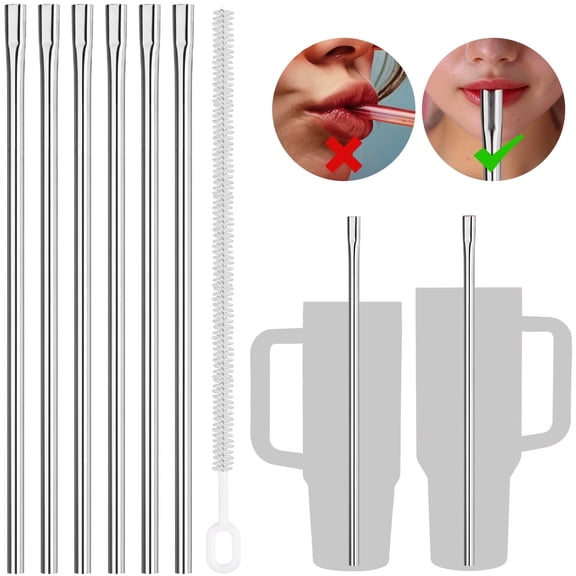 NiHome 6PCS 12" Anti-Wrinkle Flat Tip Reusable Stainless Steel Straws Fit for Stanley 30oz 40oz Tumblers, Wrinkle Free Metal Drinking Straws Lip-Friendly for Iced Coffee, Water (Silver, 6 Straight)