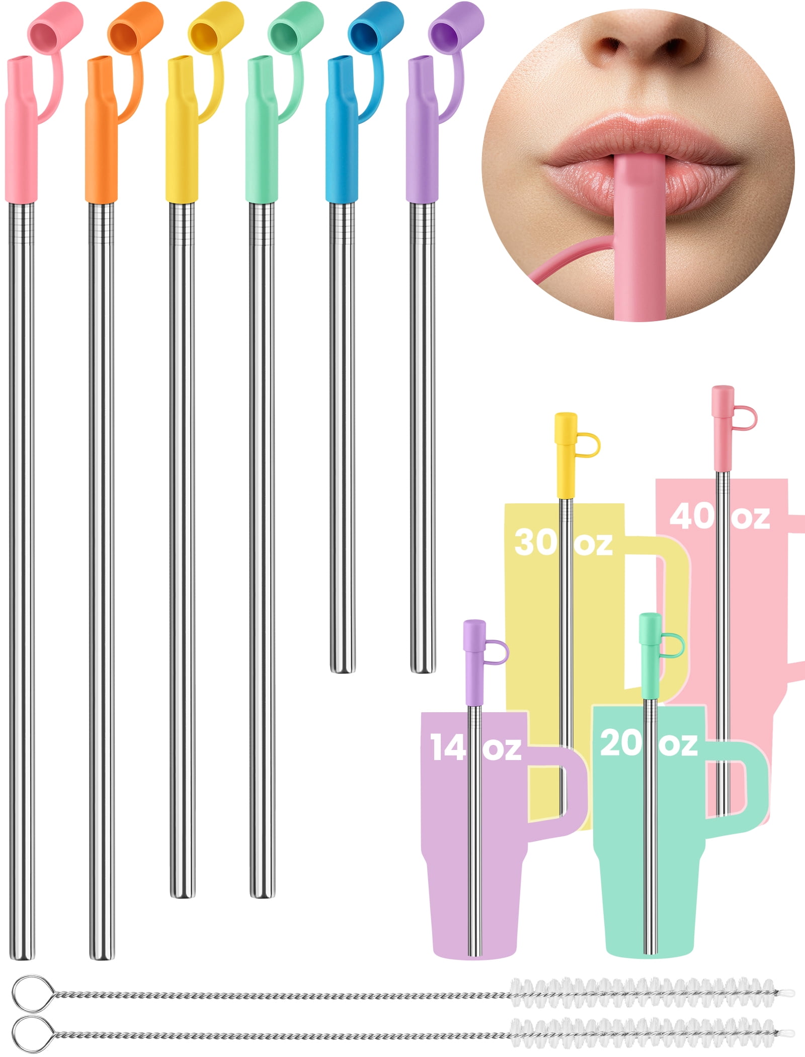 NiHome 6PCS Reusable Anti-Wrinkle Straw Set Fit for Stanley Tumblers, 3 Lengths Stainless Steel Drinking Straws with Silicone Tips Fit for 14oz 20oz 30oz 40oz, 