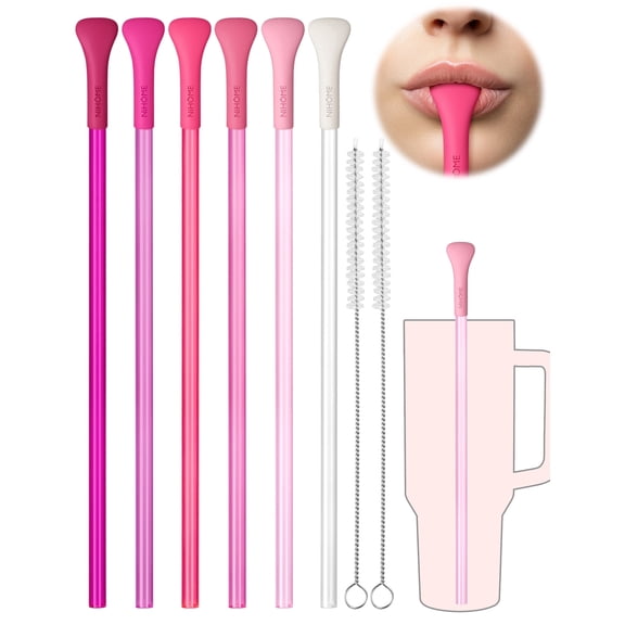 NiHome 6PCS Anti Wrinkle Straws with Silicone Widen Flat Tip Drinking Plastic Straw, Fit for Stanley 30 oz 40 oz Tumbler, Reusable Wrinkle Free Plastic Long Straw, 2 Brushes, BPA-free (Pink Series)
