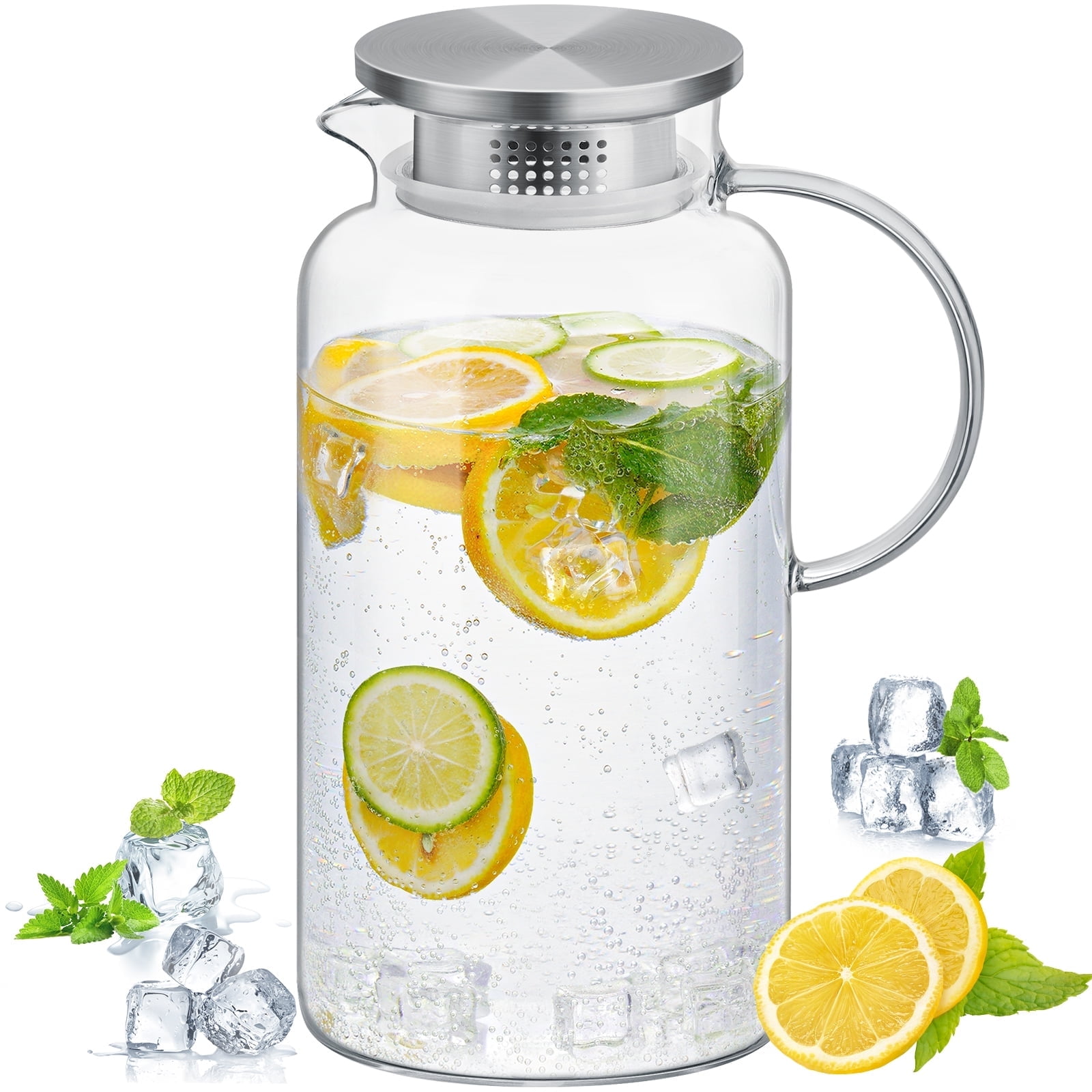 NiHome 66oz/1.95L Clear Glass Pitcher with Stainless Steel Lid for Iced Tea, Juice, Coffee, Milk& More, Dishwasher Safe Heat-Resistant Borosilicate Glass Water Jug, Smooth Pouring and Straining